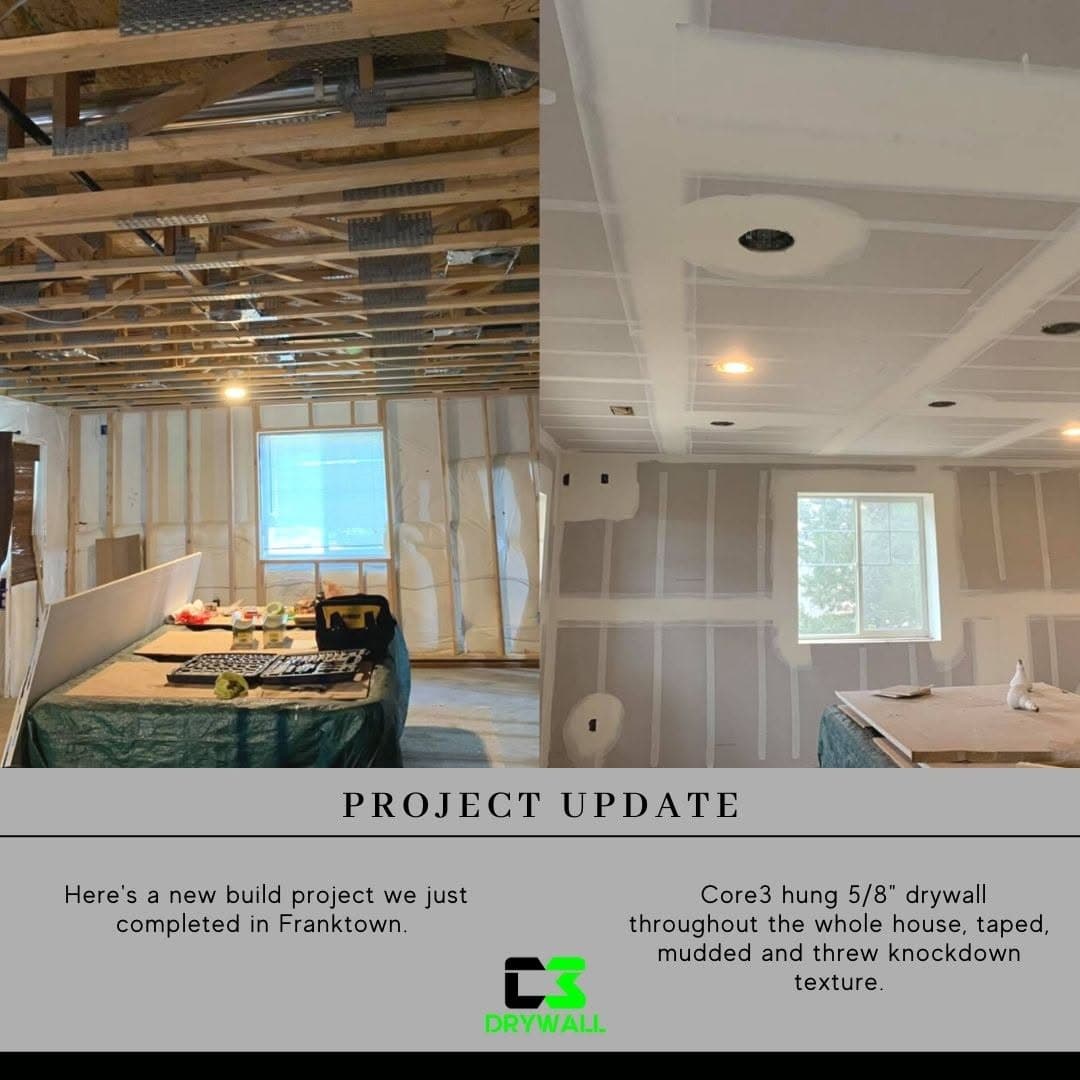 Before and after of a new-build home in Franktown: Core3 hung 5/8-inch drywall throughout, then taped, mudded, and applied knockdown texture.
